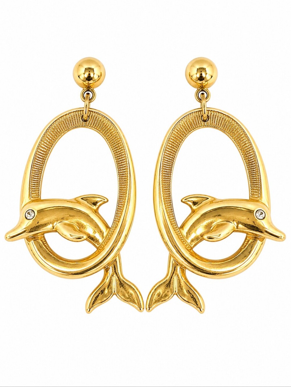 Vintage Avon Gold Dolphin Hoop Earrings Rhinestone Eyes Retro Coastal